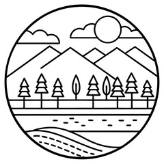 Circular landscape with mountains trees river and sun silhouette