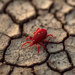 A vibrant red insect crawling on cracked earth, showcasing the impact of drought on the environment