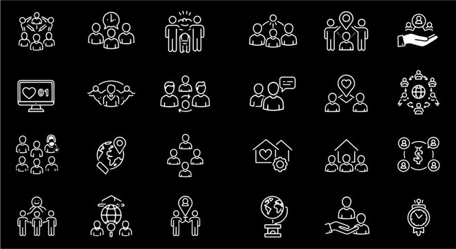 People, Community, and Business Network Icons: A comprehensive set of line art illustrations for social, global, and collaborative concepts.