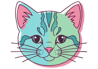Obraz premium Colorful cat face illustration, cute pet, playful design, isolated on white background