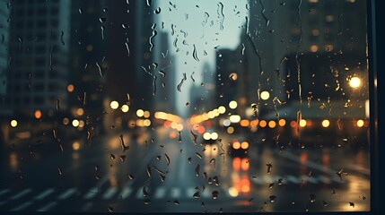 Rain-streaked window overlooking city lights at night during a downpour.