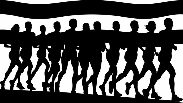 Silhouette of a group of runners in motion during a race or marathon event with a banner overhead scene
