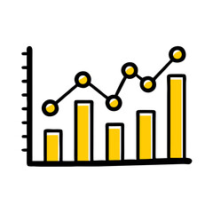 A lively hand-drawn bar chart with an upward trend arrow and yellow accents, perfect for websites or blogs illustrating growth, success, data analysis, or financial progress.

