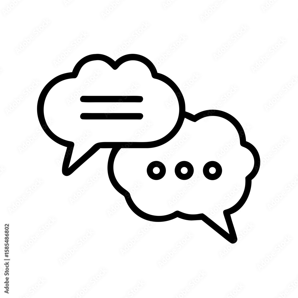 Poster simple outline icon of two overlapping speech bubbles, one with text lines, ideal for websites or bl