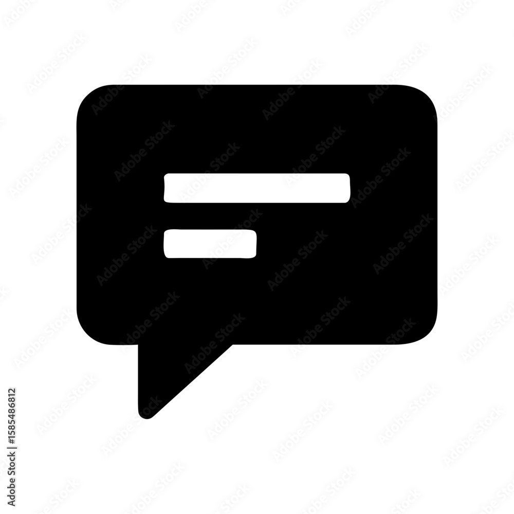 Poster black solid icon of a speech bubble with two lines of text, indicating a message or conversation, id