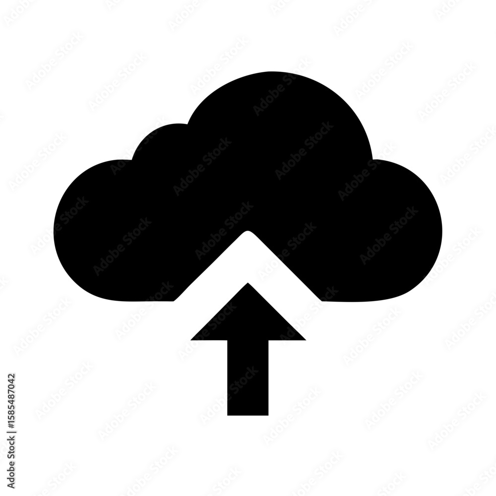 Poster a minimalist icon of a cloud with an upload arrow. this solid-fill icon is suitable for websites or 
