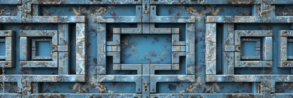 Poster a rectangular frame with an intricate mazelike pattern in shades of blue and gray.