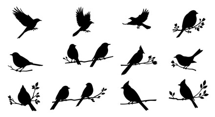 Obraz premium Diverse black bird silhouettes: a collection of flying birds and perched songbirds on branches with leaves, isolated on a white background, perfect for nature and wildlife themes.