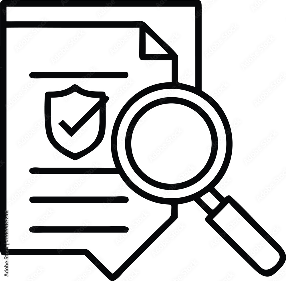 Poster Document with security shield and check mark inspected by a magnifying glass icon