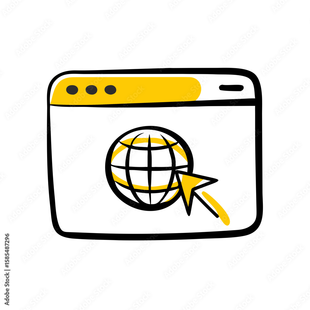 Poster hand-drawn icon of a web browser window with a globe and a mouse pointer, ideal for websites or blog