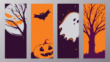 Four halloween themed banners featuring a spooky face moon, bat, pumpkin, ghost, and bare tree silhouettes