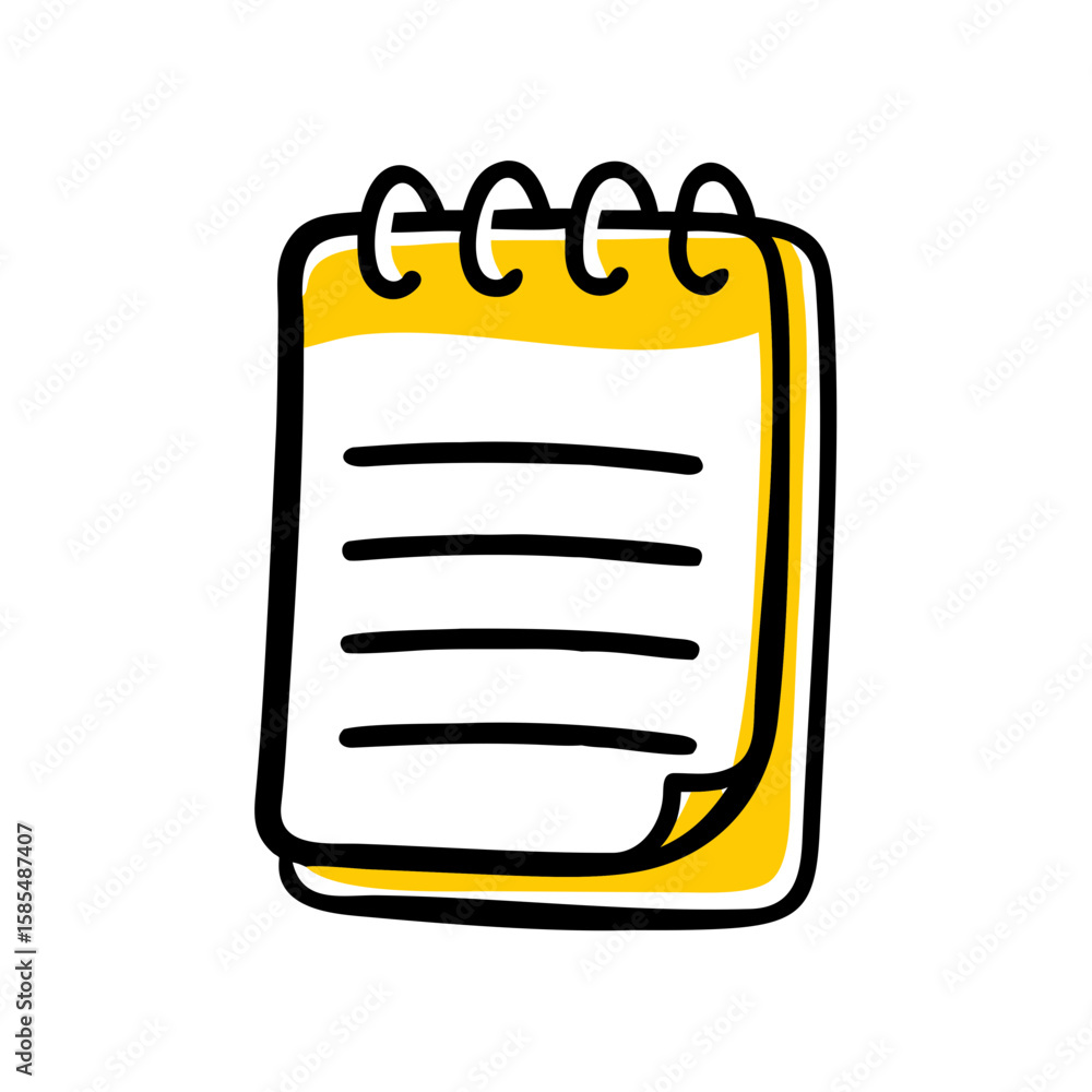 Poster hand-drawn icon of a spiral notebook with text lines and a folded corner, ideal for websites or blog
