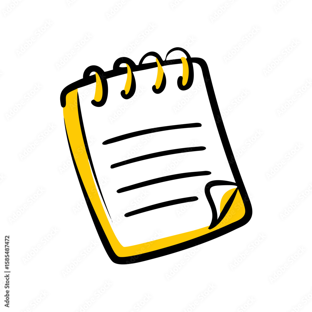 Poster hand-drawn icon of a spiral notebook with text lines and a folded corner, ideal for websites or blog