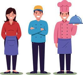 Diverse restaurant staff team with chef waiter and waitress in uniform smiling confidently vector illustration