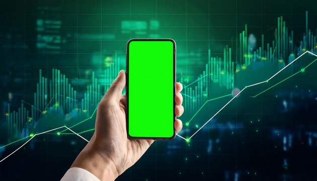 hand holding smartphone with green screen and digital finance graph