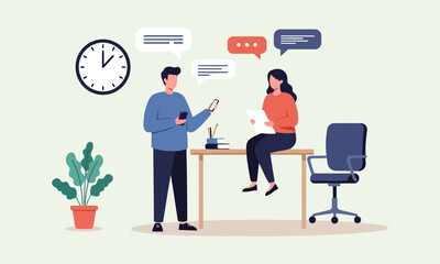 Office Communication and Business Meeting Vector Illustration: Colleagues Discussing, Teamwork, Workplace Dialogue, Corporate Collaboration, Discussion.