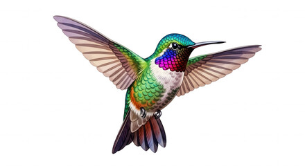 Obraz premium A beautifully detailed illustration of a colorful hummingbird with iridescent feathers hovering in mid air isolated on transparent background