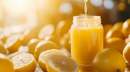 freshly squeezed lemon with juice dripping into a glass jar, surrounded by abstract sun and citrus patterns, top-down angle