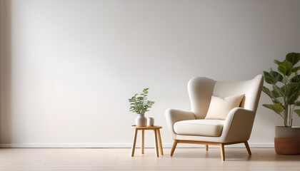 interior of a bright living room with armchair on empty white wall background