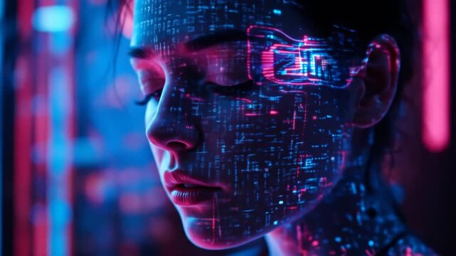 Human-computer interaction concept - HCI. A person with binary code projected onto their face, an intimate interaction between humans and digital technology in the digital world. 4k video