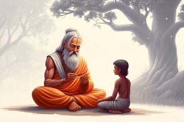 A Wise Guru Shares Ancient Knowledge with a Young Disciple Under a Majestic Tree on Guru Purnima