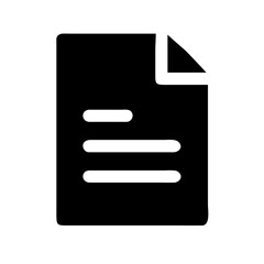  solid black icon of a document with text lines and a folded corner, ideal for websites or blogs representing files, reports, or content. The style is glyph.