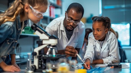 Teacher and students working in science lab