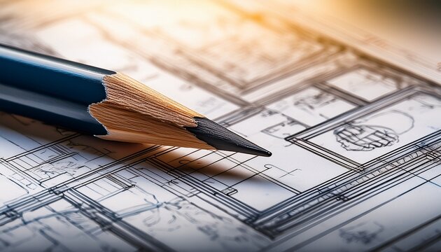 close up of the sharp tip of a pencil resting on an architectural plan