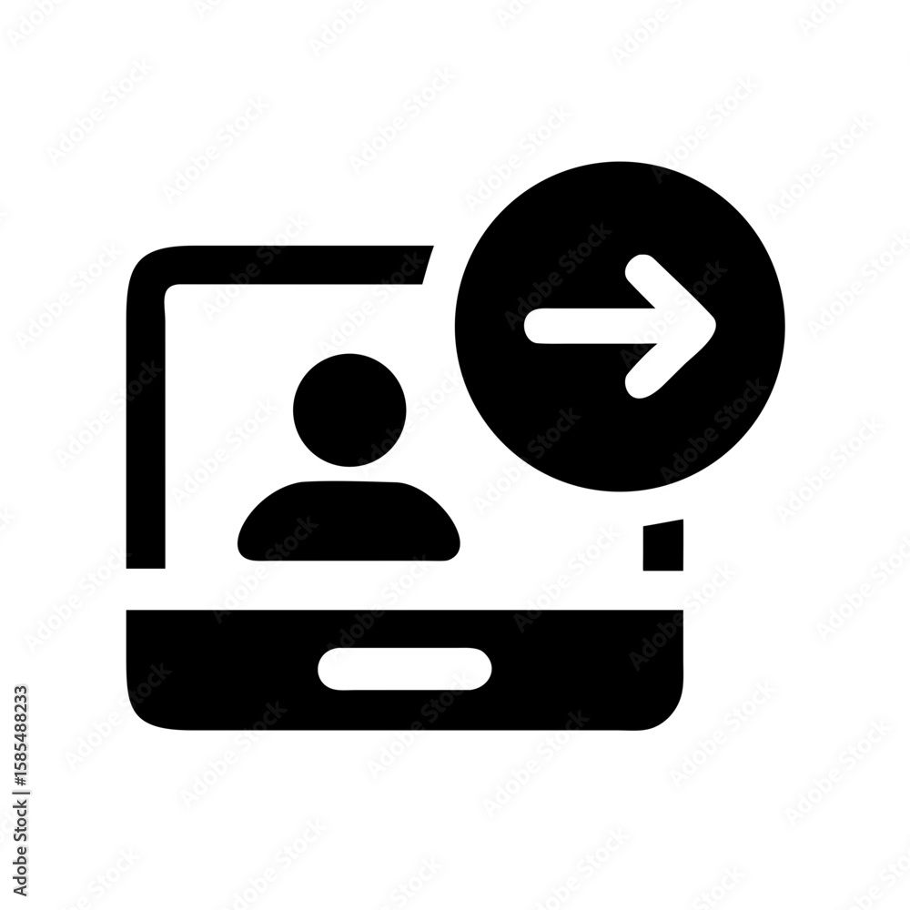 Poster solid black icon of a tablet with a user profile and a right arrow, ideal for websites or blogs indi