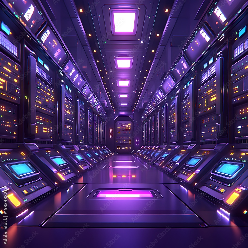 Poster futuristic computer server room with rows of processing equipment and lights
