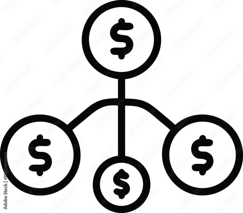 Poster dollar currency icons with network connection in simple outline design for finance purposes