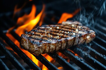 A sizzling steak on a grill with rising flames, grill ,  created by ai