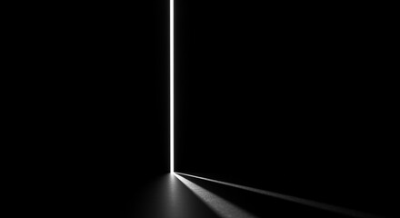 Bright vertical light beam illuminates a dark room casting long shadows on the floor