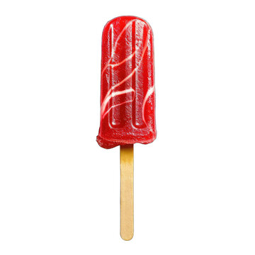 A vibrant red popsicle with white swirls, slightly melted at the bottom, on a wooden stick against a black background