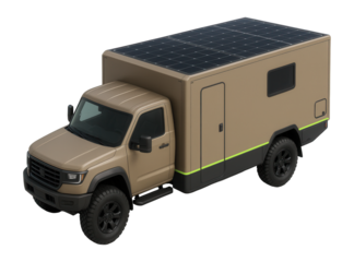 Camper truck with box body converted into living quarters and rooftop solar panels