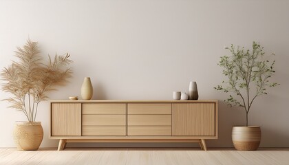 wooden cabinet and accessories decor in living room interior on empty white tone background 3d rendering