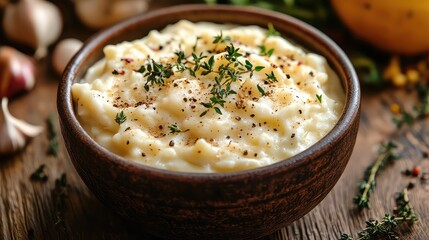 Creamy textured food in ceramic bowl with herbs, close-up for gourmet meal, culinary presentation, or product branding