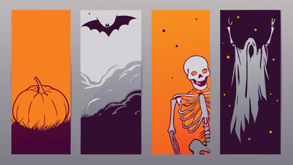 Obraz premium Four halloween themed banners with pumpkin bat skeleton and ghost illustrations set on different backgrounds