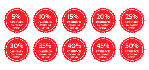 Gold cashback percentage badge set for online offers and discount in black, pink, red and blue colour with white background. Premium discount vector design. icon.
