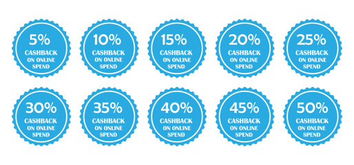 Gold cashback percentage badge set for online offers and discount in black, pink, red and blue colour with white background. Premium discount vector design. icon.