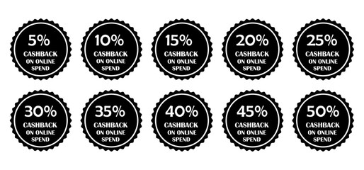 Gold cashback percentage badge set for online offers and discount in black, pink, red and blue colour with white background. Premium discount vector design. icon.