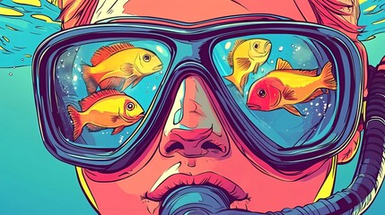 Fototapeta premium World Snorkeling Day illustration, close-up of a snorkeler's face with goggles and breathing tube, reflections of fish in the mask, frontal angle,