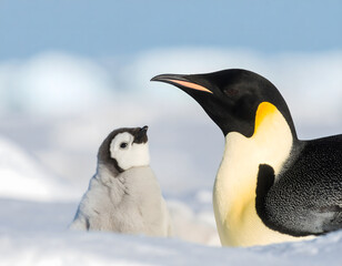 Fototapeta premium A touching close-up portrait of an Emperor penguin showcasing its soft feathers and gentle expression.