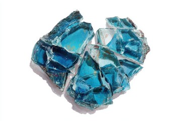 Obraz premium Broken blue glass shards scattered on white background with light shadows. Use this abstract image to represent broken concepts, feelings, or ideas.