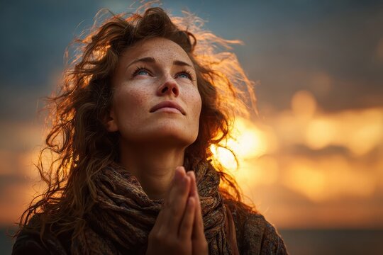 Young woman prays with hands clasped looking up towards a dramatic sky. It can illustrate faith, hope, spirituality, or finding inner peace.
