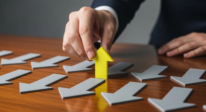 A hand placing a yellow arrow among gray arrows, symbolizing strategic direction, making a unique choice, business innovation, and leadership for success.