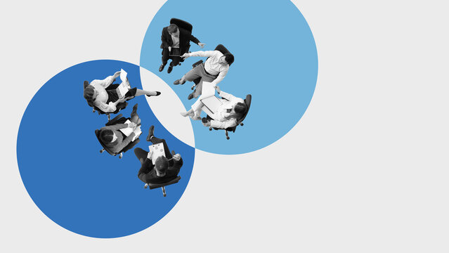 Conceptual collage of two employee groups meeting in overlapping circles as symbol of team integration. Concept of mergers and acquisitions HR adaptation, communication, and business alignment.