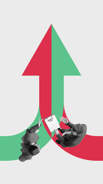 Collage of two business paths merging into one growth arrow with cooperative employees below. Concept of mergers and acquisitions growth strategy, brand integration, and synergy planning.