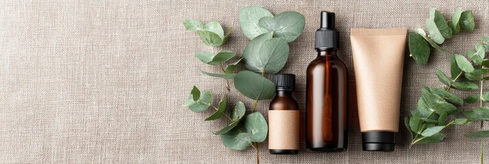 Cosmetic bottles with eucalyptus flowers towels and linen on pastel background top view flat lay natural organic skincare and spa concept perfect for beauty product branding body care wellness design