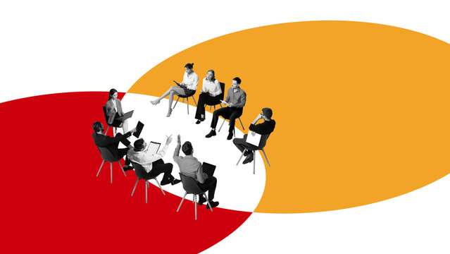 Conceptual collage showing business group discussion with intersecting red and orange areas. Concept of corporate alignment, strategic workshops, HR team planning, communication dynamics.